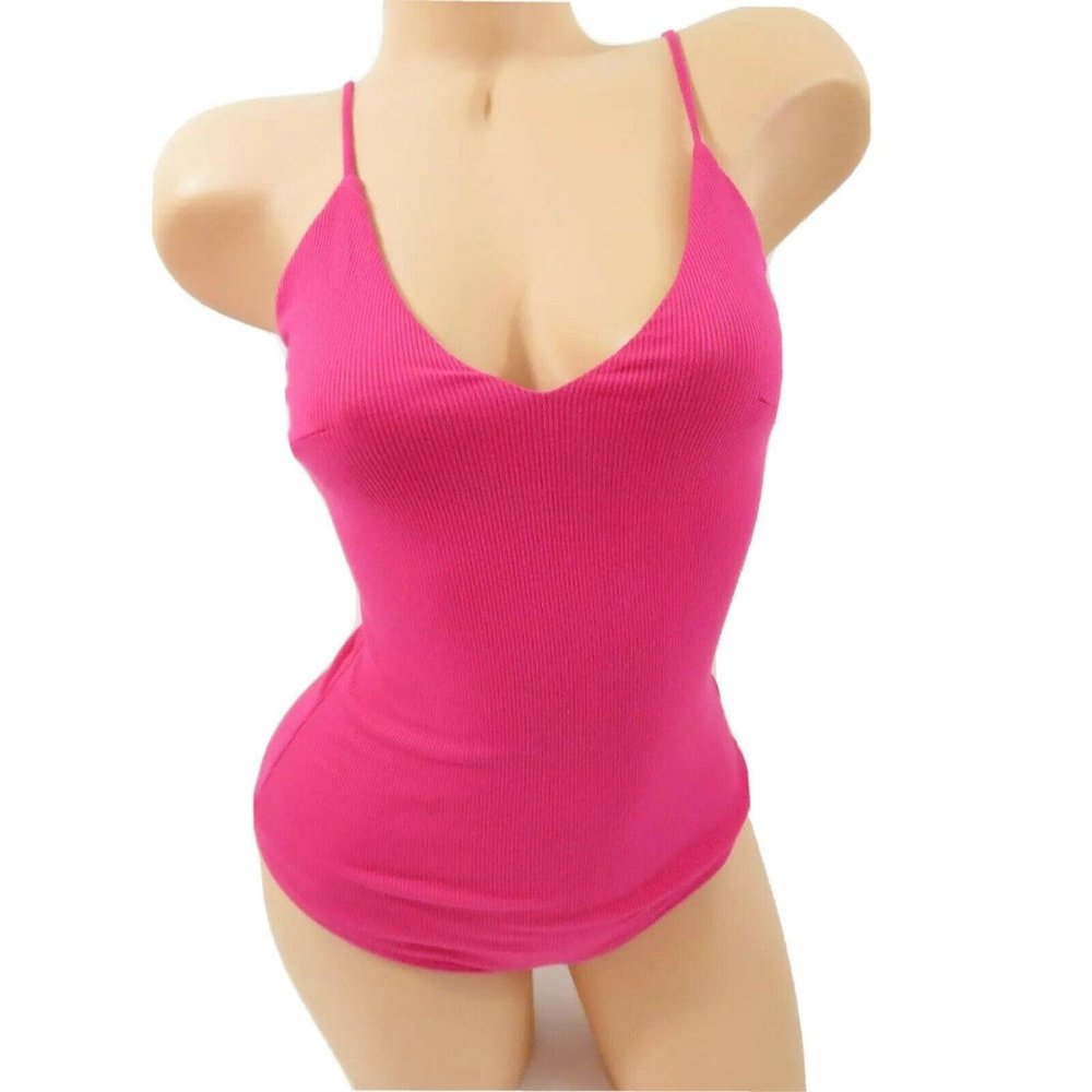 Socialite Pink Bodysuit Knit Ribbed V-Neck